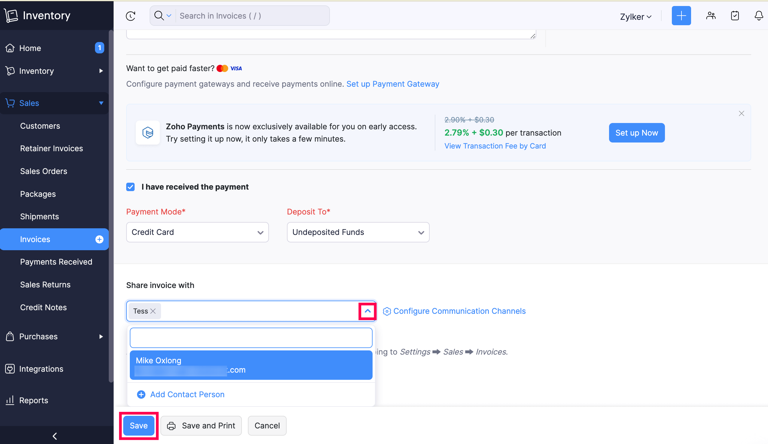 Share Invoice with dropdown